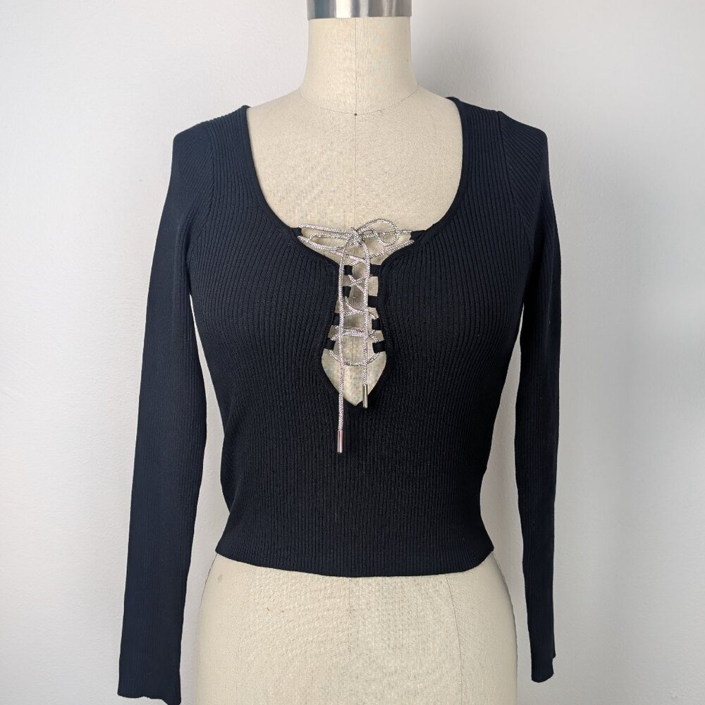 Black Cropped Top with Long Sleeves and Rhinestone Lace Up Detail NWT